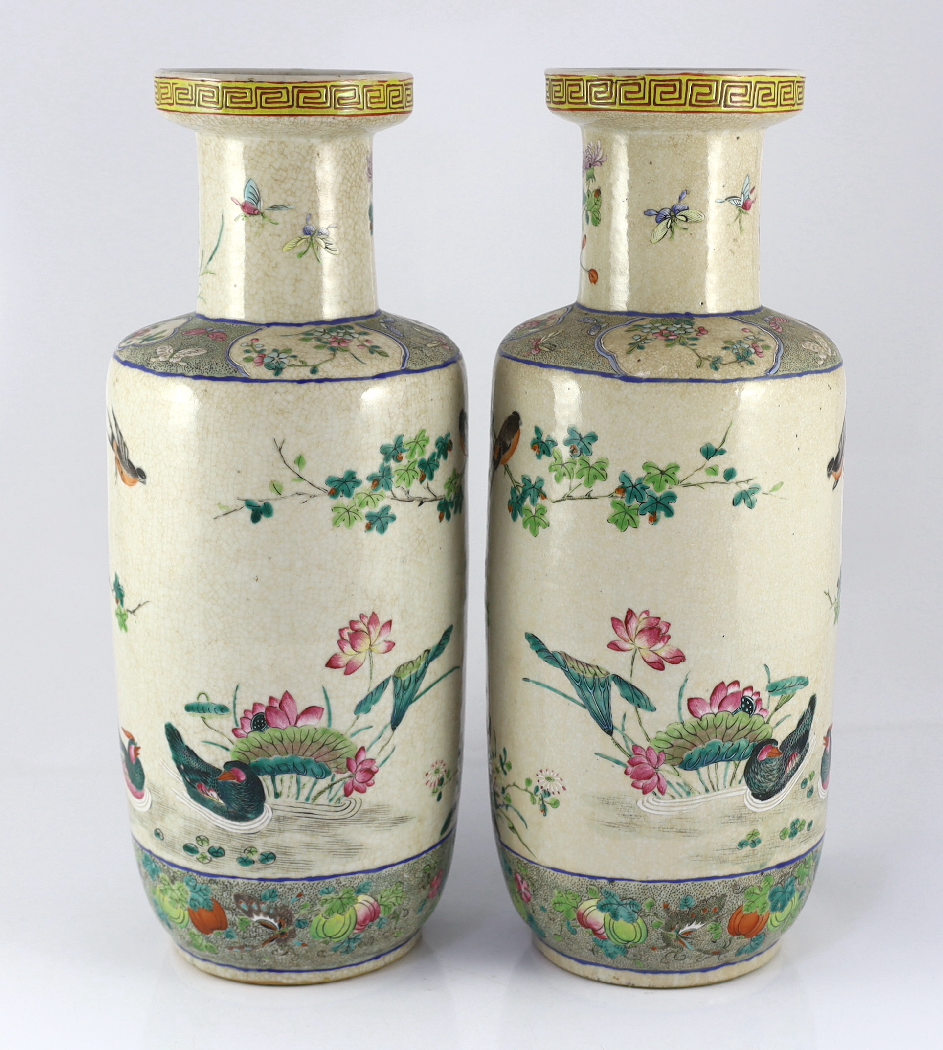 A pair of large Chinese crackle glaze famille rose ‘Hundred Bird’ rouleau vases, late 19th century